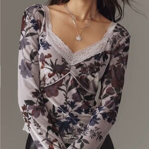 By Anthropologie Velvet Lace V-Neck Top, Medium